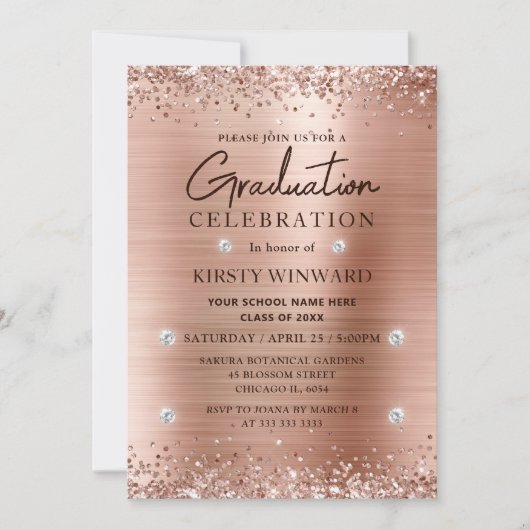 Rose Goud Geborsteld Metaal en Glitter Afstuderen Kaart (Voorkant)