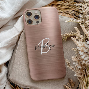 Rose Goud Geborsteld Metaal Schrift Monogram iPhone 15 Case