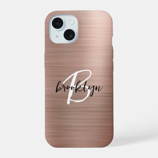 Rose Goud Geborsteld Metaal Schrift Monogram iPhone 15 Case (Achterkant)