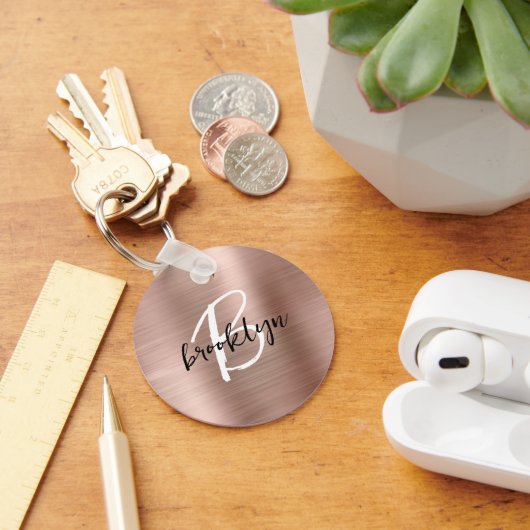 Rose Goud Geborsteld Metaal Schrift Monogram Sleutelhanger (Bureau)