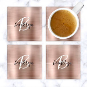 Rose Goud Geborsteld Metaal Script Monogram Glazen Onderzetter
