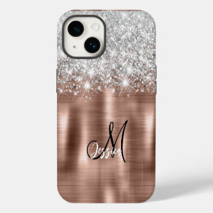 Rose Goud Geborsteld Metaal Zilver Glitter Monogra iPhone 14 Hoesje