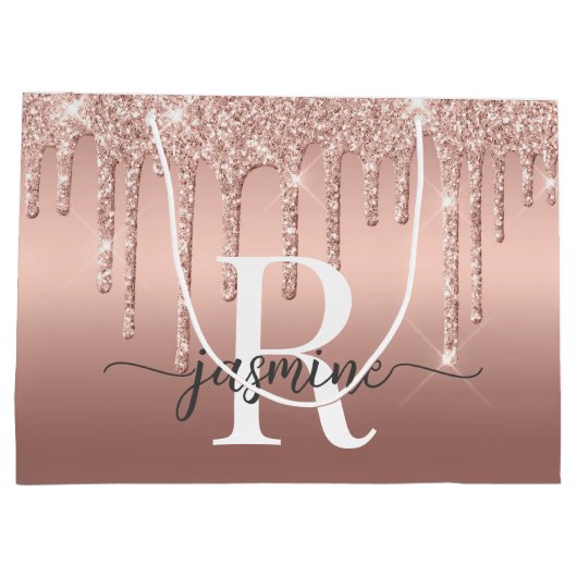 Rose Goud Glitter Drips Monogram Schrift Metaal Groot Cadeauzakje (Achterkant)