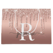 Rose Goud Glitter Drips Monogram Script Metaal Groot Cadeauzakje (Voorkant)