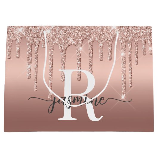 Rose Goud Glitter Drips Monogram Script Metaal Groot Cadeauzakje (Voorkant)