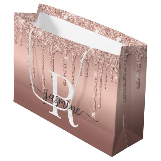 Rose Goud Glitter Drips Monogram Script Metaal Groot Cadeauzakje (Voorkant Gekanteld)
