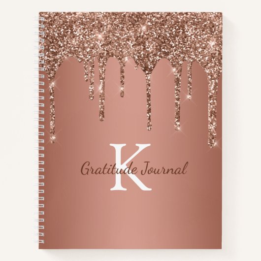 Rose Goud Glitter Drup Monogram Dankbaarheidsdagbo Notitieboek (Voorkant)