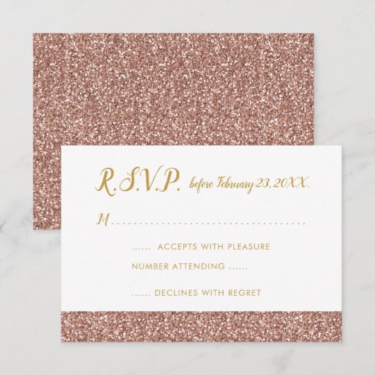 Rose Goud Glitter & Goud RSVP 3.5x5 A1 Kaartje (Voorkant / Achterkant)