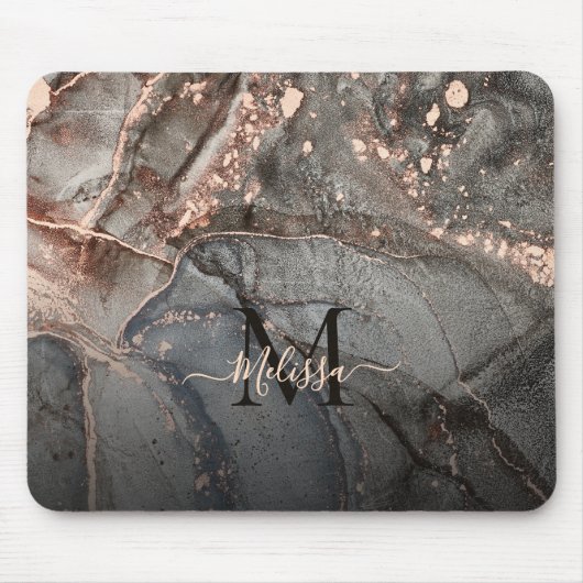 Rose Goud Grijze Inkt Marmer Monogram Muismat (Voorkant)