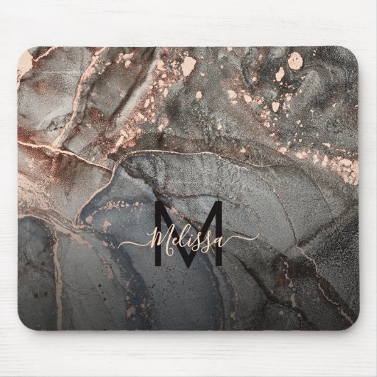 Rose Goud Grijze Inkt Marmer Monogram Muismat (Voorkant)