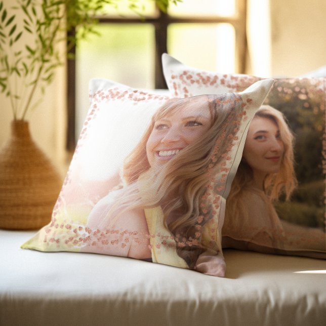 Rose Goud Hartjes Rand Foto Kussen (Rose Gold Hearts Border Photo Throw Pillow)