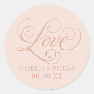 Rose Goud Liefde Script Blush Monogram Bruiloft Ronde Sticker