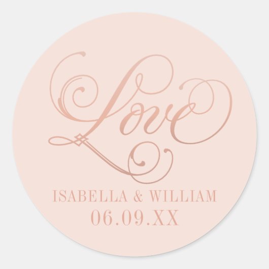 Rose Goud Liefde Script Blush Monogram Bruiloft Ronde Sticker (Voorkant)
