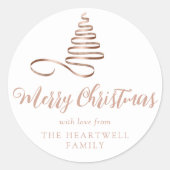 Rose Goud Lint Boom Kerstmis Script Ronde Sticker (Voorkant)