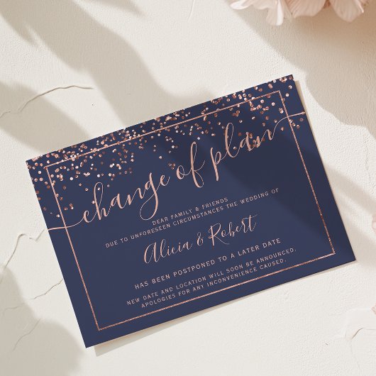 Rose goud marineblauw script uitgesteld wijzigings kaart