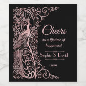 Rose Goud Marmer Art Deco Pauw Trouw Wijn Etiket (Enkel label)