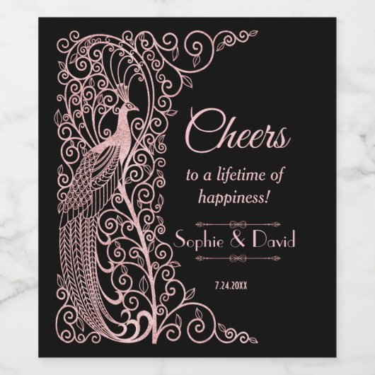 Rose Goud Marmer Art Deco Pauw Trouw Wijn Etiket (Enkel label)