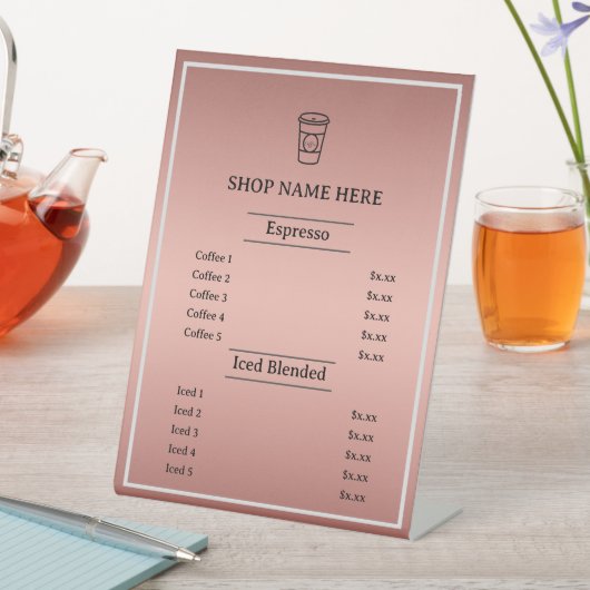 Rosé goud | Minimalistisch kanaalmenu Café Reclamebord Met Voetstuk (Insitu)