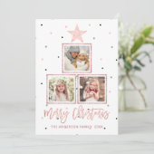 Rosé goud | Modern Merry Kerstmis 3 Foto Feestdagenkaart (Staand voorkant)