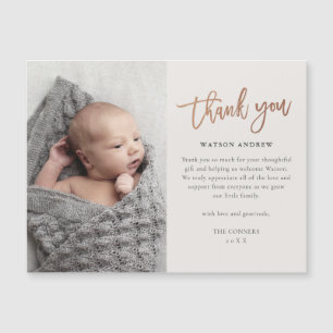 Rose Goud Schrift Baby Bedankt Magnetische Kaart