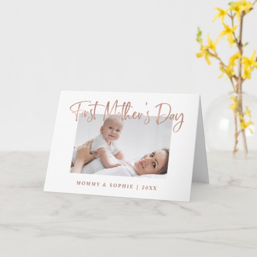 Rosé goud | Script First Moederdag-fotokaart Kaart (Gele Bloem)