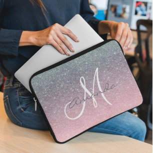 Rose Goud Zilveren Ombre Monogram Aanpassen Laptop Sleeve