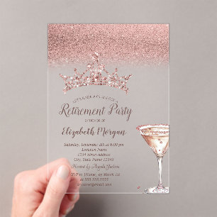 Rose Gouden Glitter Tiara Martini Glas Pensioen Acryl Uitnodigingen