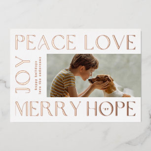 Rose Gouden Letters MERRY JOY PEACE LOVE foto Folie Feestdagenkaart