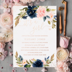 ROSE GOUDFOLIE Roze Marine Bloemen Baby Shower Folie Uitnodiging