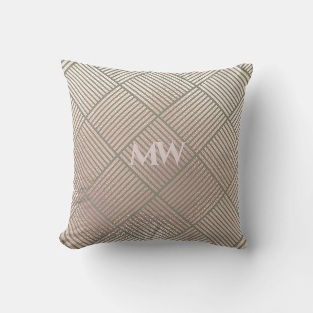 Rose Grey Geometrisch Monogram Patroon Worp Kussen (Voorkant)