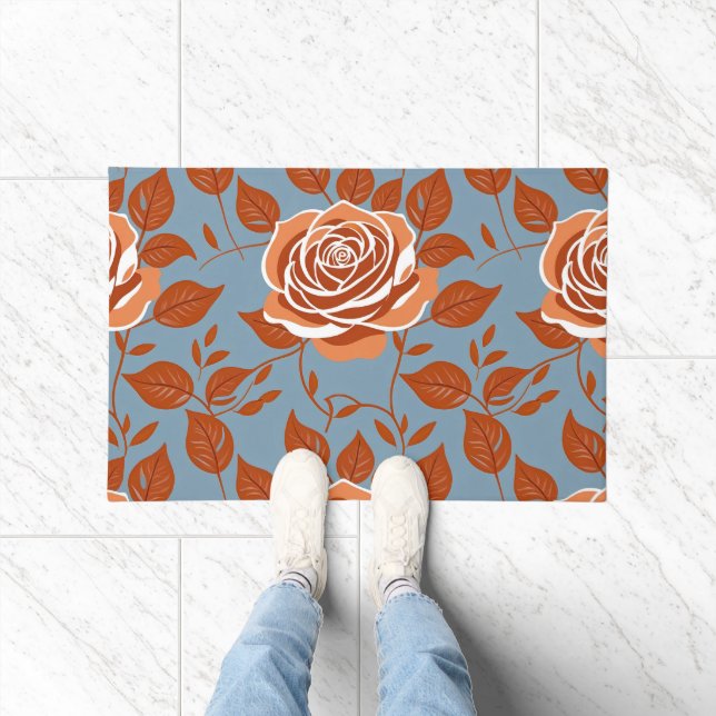Rose Pattern With Warm Tones Of Orange And Rust Deurmat (Binnen)