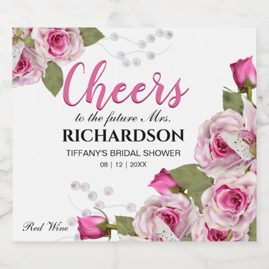 Rose & Pearl Wedding Sparkling Wijnetiket (Enkel label)