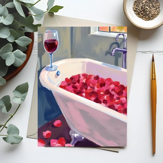 Rose Petal Bath | Romantic Red Wine Painting Briefkaart