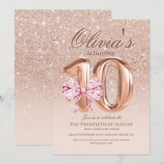  Rose Pink and  Gold  Bow 10th Birthday Party Kaart (Voorkant / Achterkant)