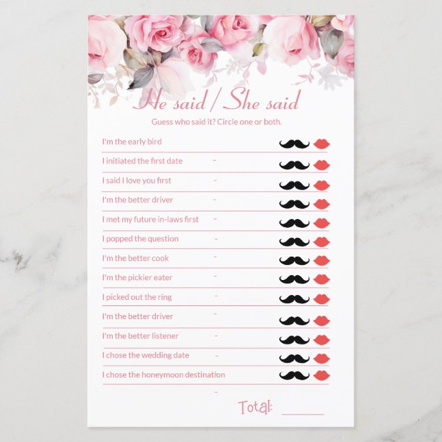 Rose Pink Bridal Shower Game He Said She Said (Voorkant)