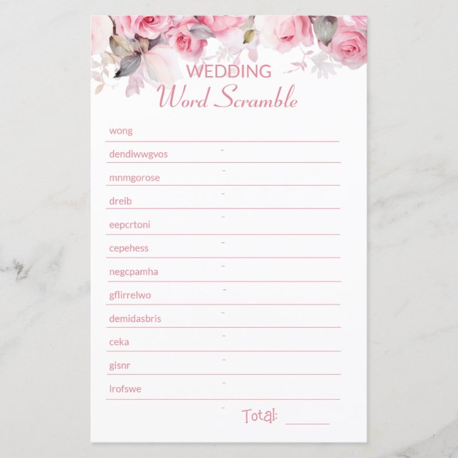 Rose Pink Bridal Shower Word Scramble Game (Voorkant)