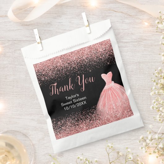 Rose Pink Dress Faux Glitter Sweet 16 Birthday Bedankzakje (Geknipt)