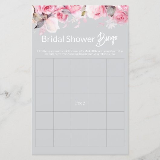 Rose Pink Floral Gray Bridal Shower Game BINGO (Voorkant)