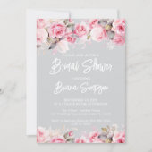 Rose Pink Floral Gray Bridal Shower  Kaart (Voorkant)