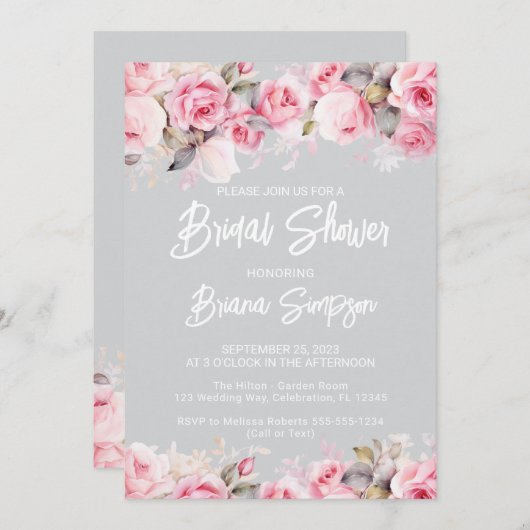 Rose Pink Floral Gray Bridal Shower  Kaart (Voorkant / Achterkant)