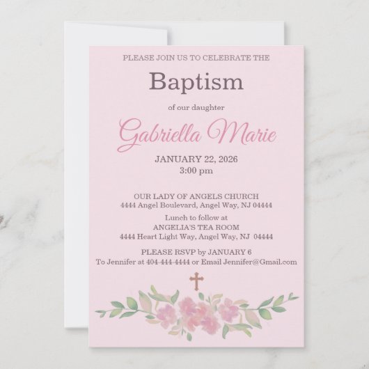 Rose Pink Floral Watercolor Cross Baptism Kaart (Voorkant)