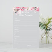 Rose Pink Gray Bridal Shower Word Scramble Game (Staand voorkant)