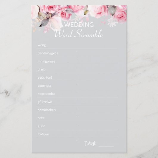 Rose Pink Gray Bridal Shower Word Scramble Game (Voorkant)