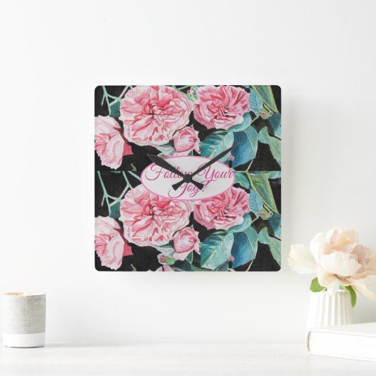 Rose Pink Roses floral Follow Your Joy Pattern Vierkante Klok (Huis)
