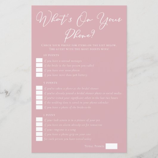 Rose Pink What's On Your Phone Bridal Shower Game (Voorkant)
