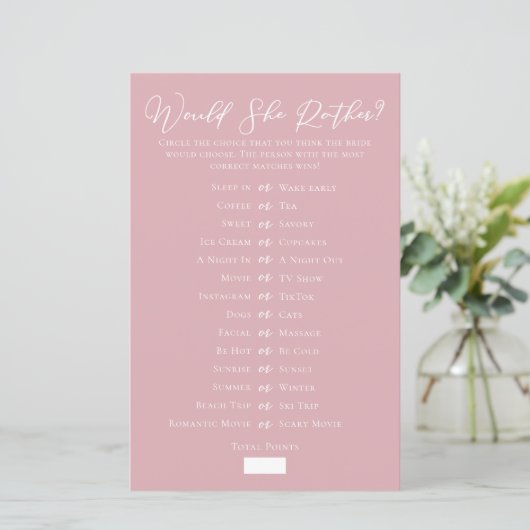 Rose Pink Would She Rather Bridal Shower Game (Staand voorkant)