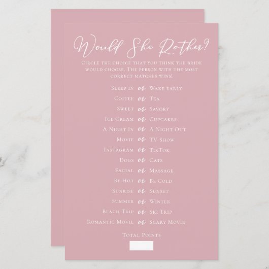 Rose Pink Would She Rather Bridal Shower Game (Voorkant / Achterkant)