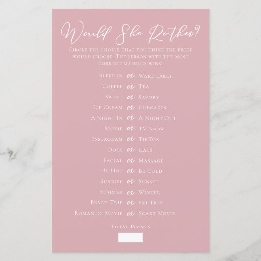 Rose Pink Would She Rather Bridal Shower Game (Voorkant)