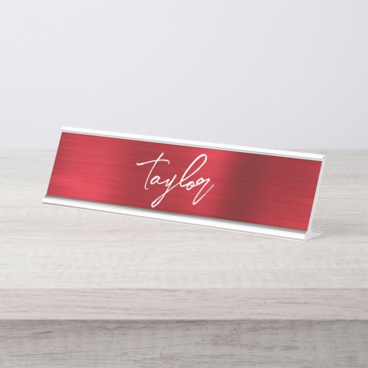 Rose Red Folie Moderne Borstel Schrift Voornaam Bureau Naambordje (Voorkant)