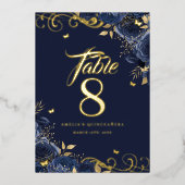 Rose Swirl Navy Quinceanera Gold Table Number Folie Uitnodiging (Voorkant)